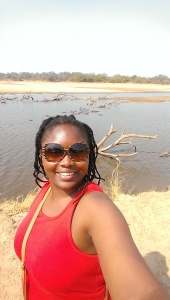 Taking a selfie in the park with a school of hippos in the background